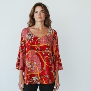 Tacera ladies tunic  2X NWT Red gold and white long flowy sleeves equestrian